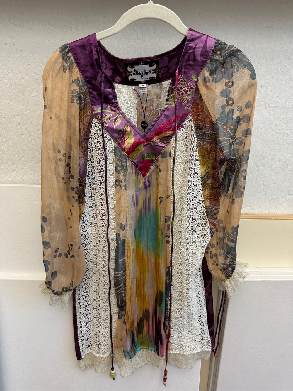 Meghan LA Multicolor Sheer Boho Mini Dress with Purple Trim